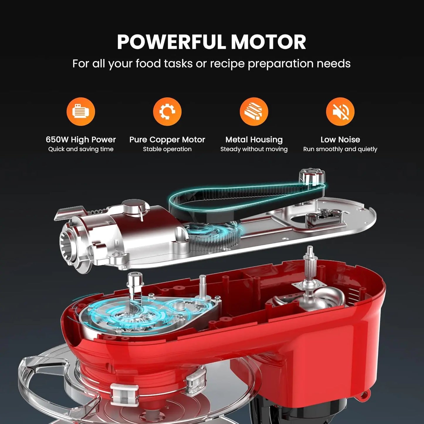 3 in 1 Multifunctional Stand Mixer with 6 Quart Stainless Steel Bowl, 650W 6 Speed Tilt-Head Meat Grinder, Juice Blender, Red