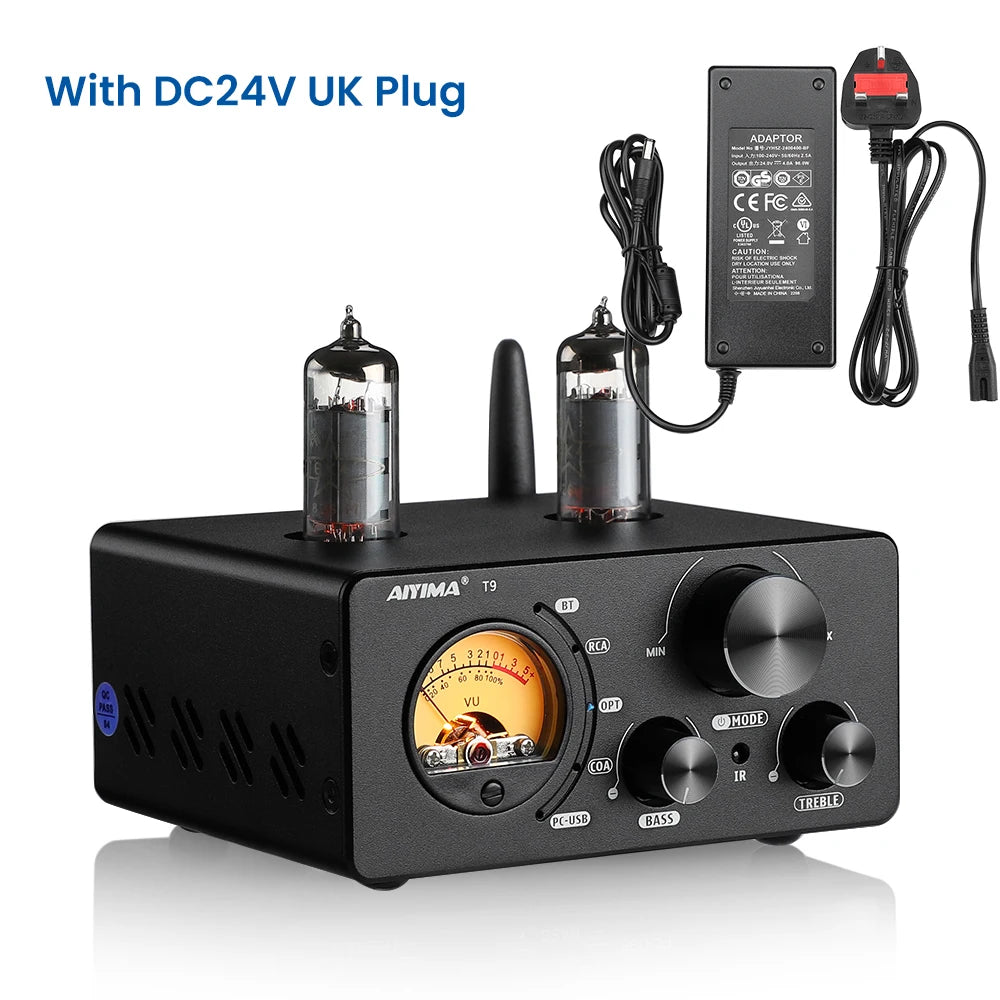 AIYIMA Audio T9 Bluetooth 5.0 Vacuum Tube Amplifier USB DAC Stereo Receiver COAX/OPT HiFi Home Audio Digital Amp w/VU Meter 100W
