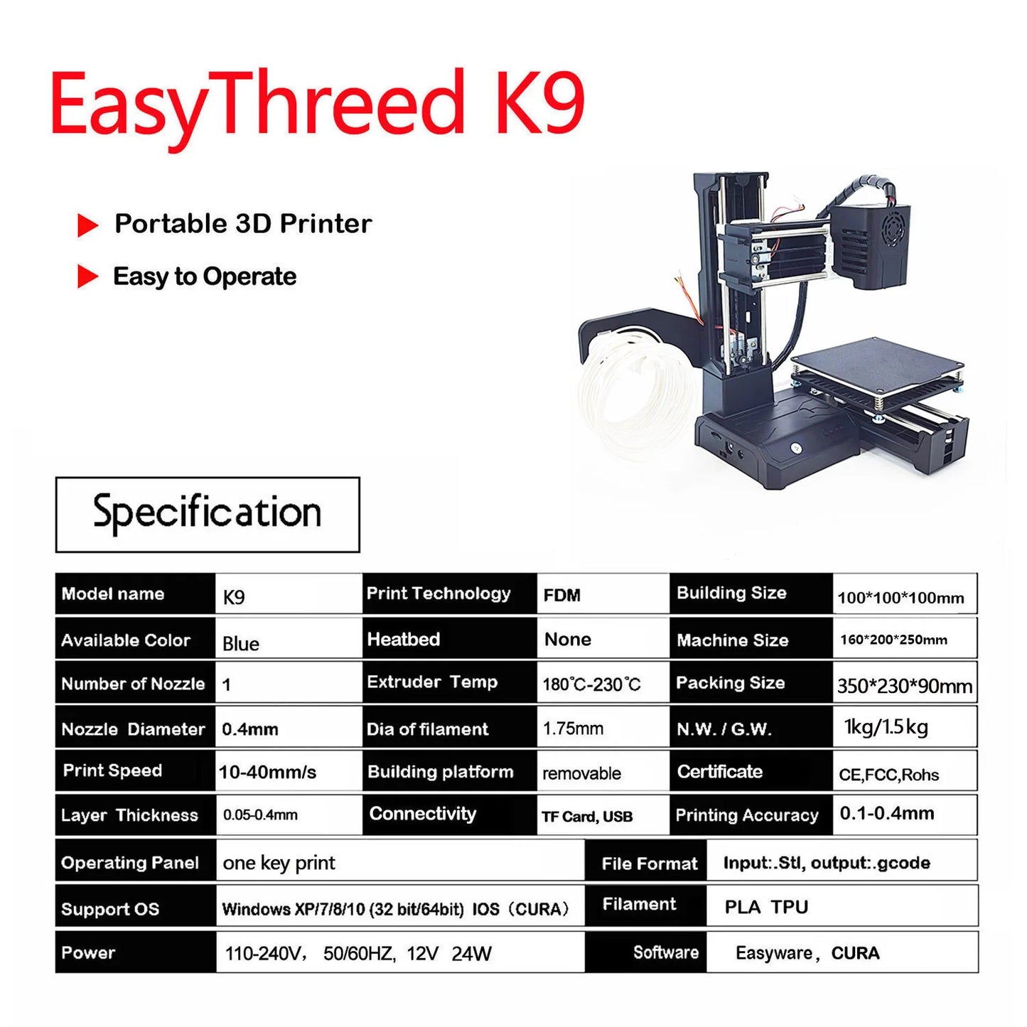 EasyThreed Small 3D Printer K9 10*10cm Supper Mini Desktop No Heated Bed One-Key Printing with TF Card 3D Printer Machine