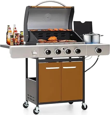 4 Burner BBQ Propane Gas Grill with Side Burner & Porcelain-Enameled Cast Iron Grates, 545 SQIN Grilling Area 42,000 BTUs Barbe