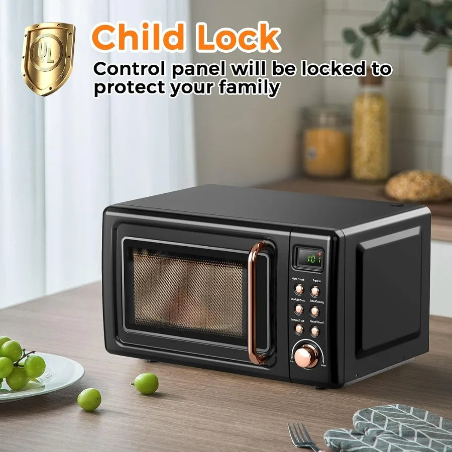 Compact Retro Microwave Oven for Kitchen Countertop Use: 0.7 Cu Ft Small Size with Defrost Function 5 Microwave Power Levels 8