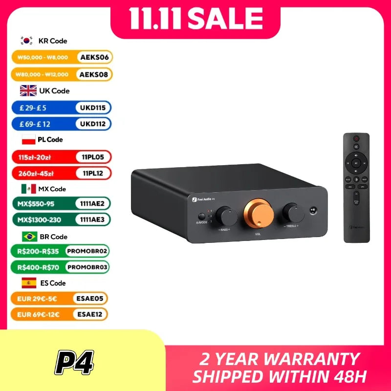 Fosi Audio P4 HiFi Preamplifier: 3 RCA Inputs, EQ/Bypass, Swappable Op-Amps, Treble & Bass Tone Control For Audiophile Systems