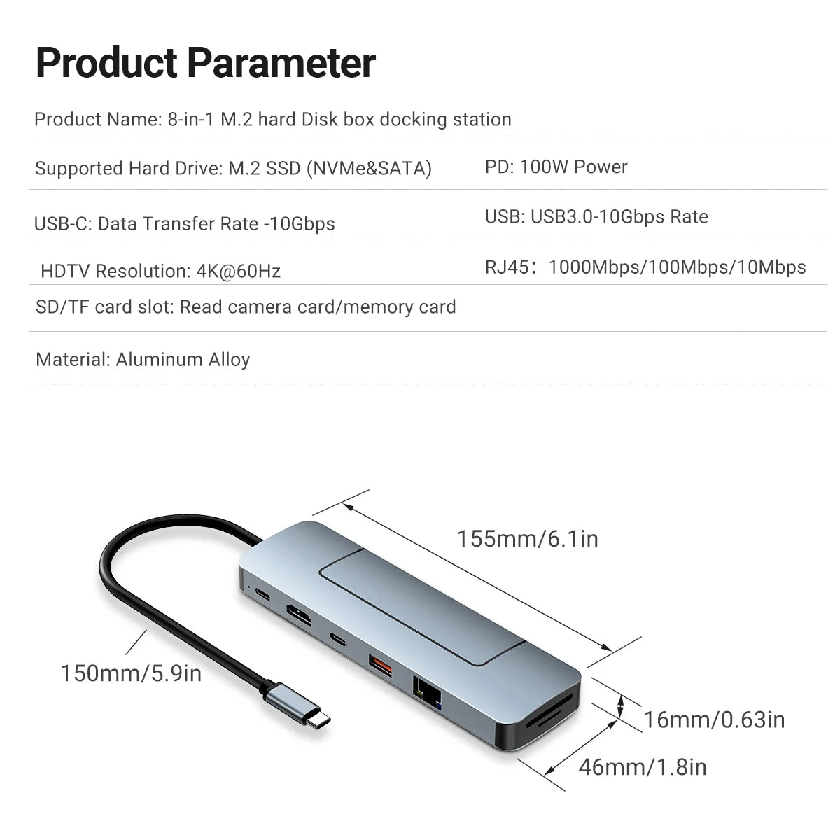 Gopala 8in1 USB-C Hub with M.2 NVMe/SATA SSD Enclosure, USB3.0/Type C3.0 10G, PD3.0, SD/TF, Gigabit for Type C Devices