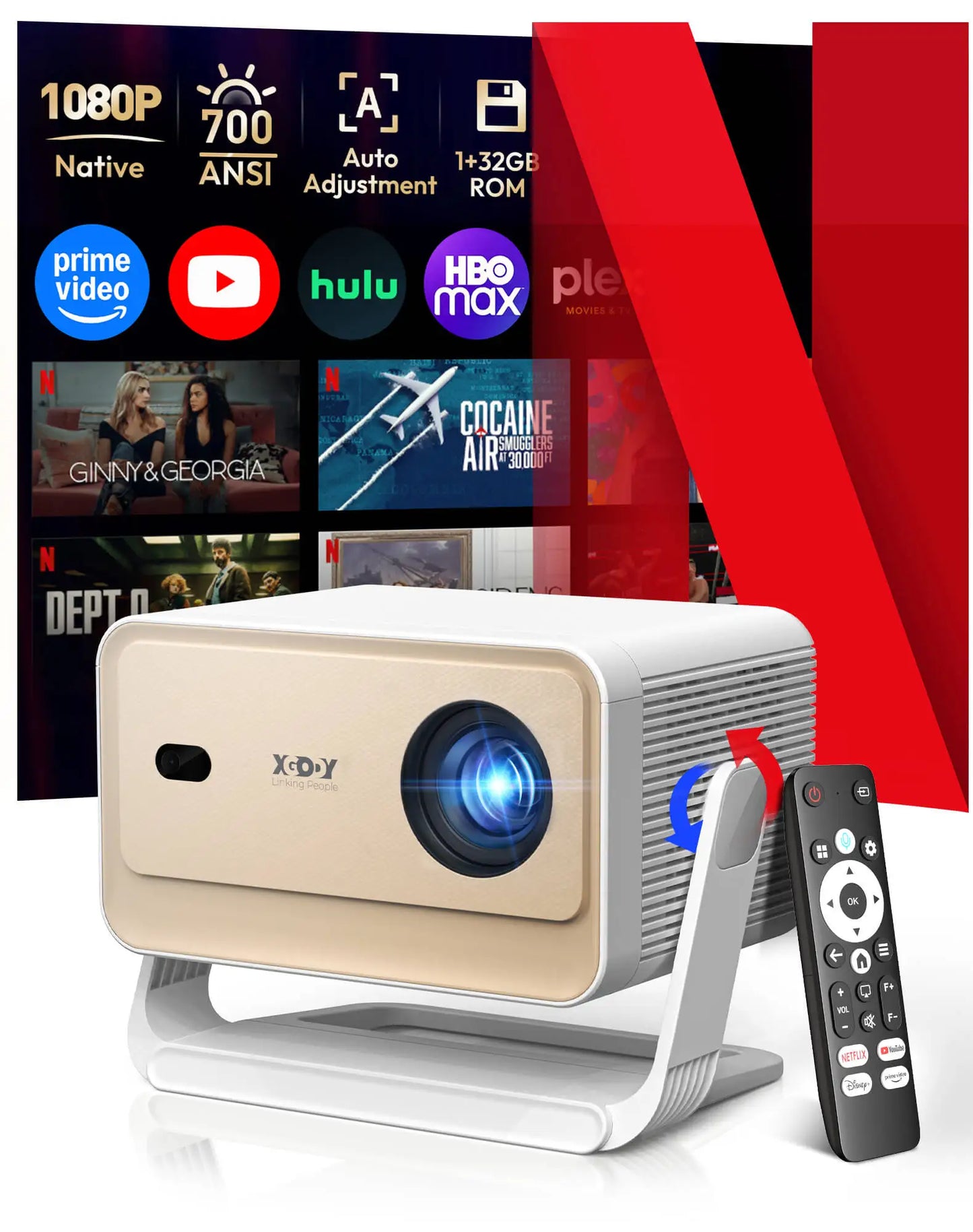 XGODY Gimbal N6 Pro 4K Projector Netflix Officially 700 Ansi Native 1080P Auto Focus Whale OS TV for Movie Home Theater