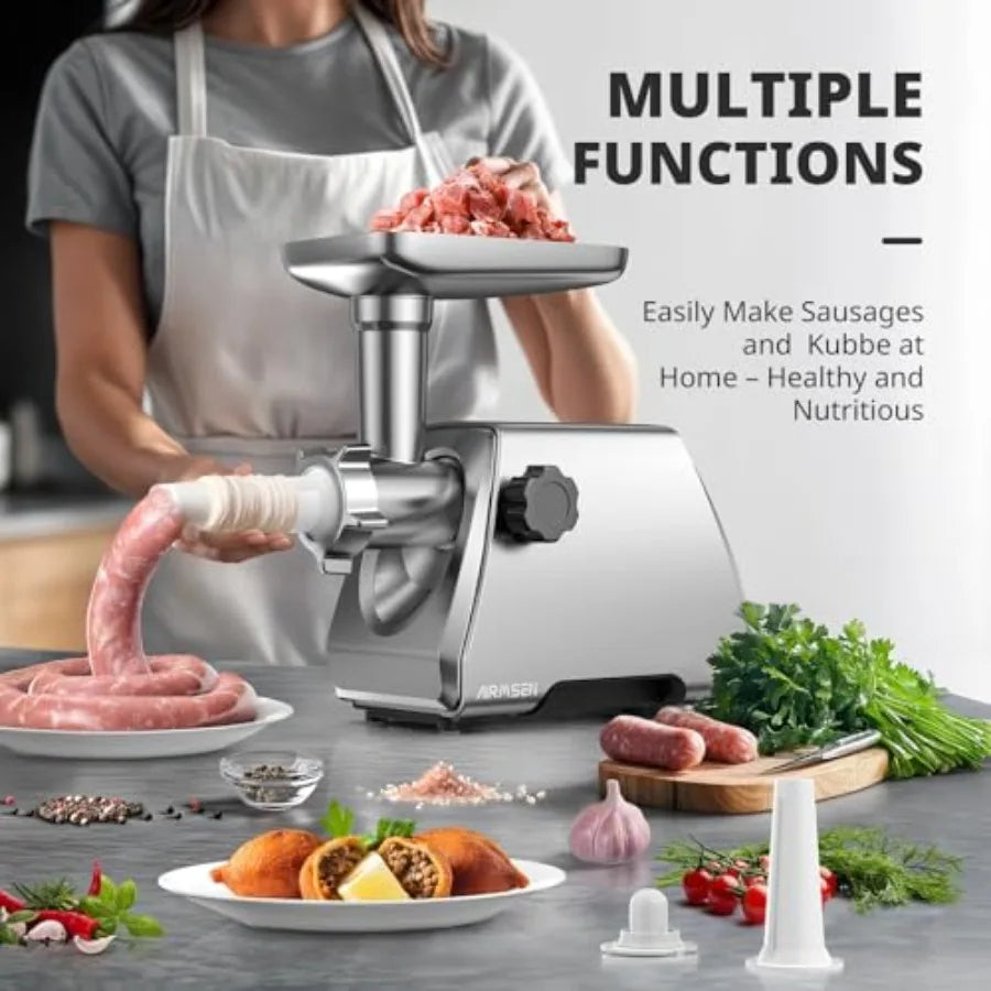 Electric Meat Grinder Mincer for Home Kitchen Use Heavy Duty Professional Stainless Steel Sausage Maker Stuffer with 3 Intercha