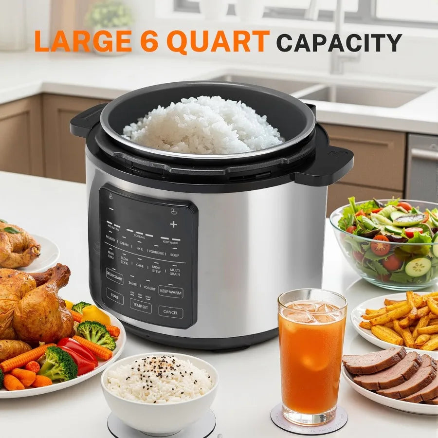 14in1 Electric Pressure Cooker for Home Kitchen 6QT Stainless Steel MultiCooker with NonStick Inner Pot DishwasherSafe Componen