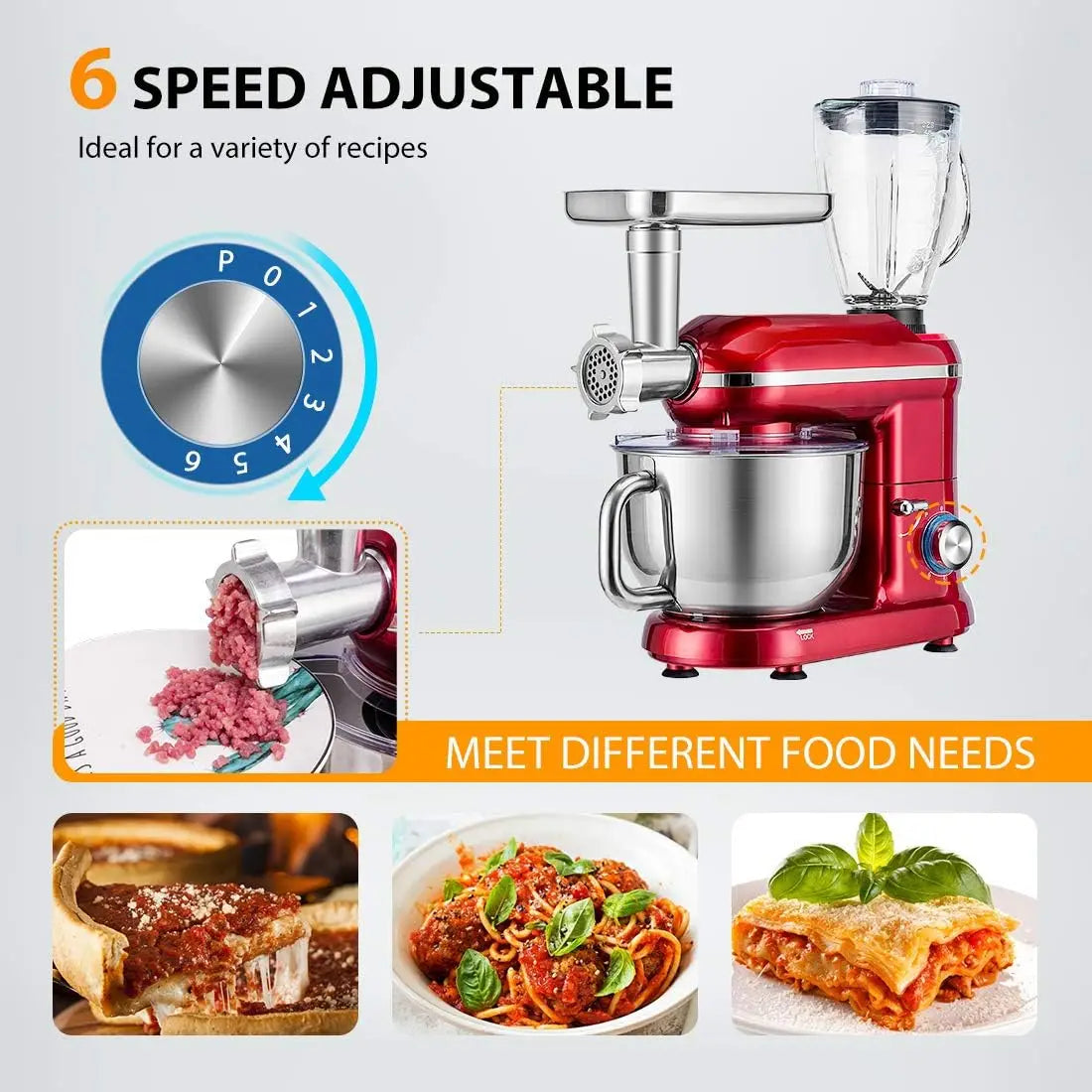 3 in 1 Multifunctional Stand Mixer with 6 Quart Stainless Steel Bowl, 650W 6 Speed Tilt-Head Meat Grinder, Juice Blender, Red