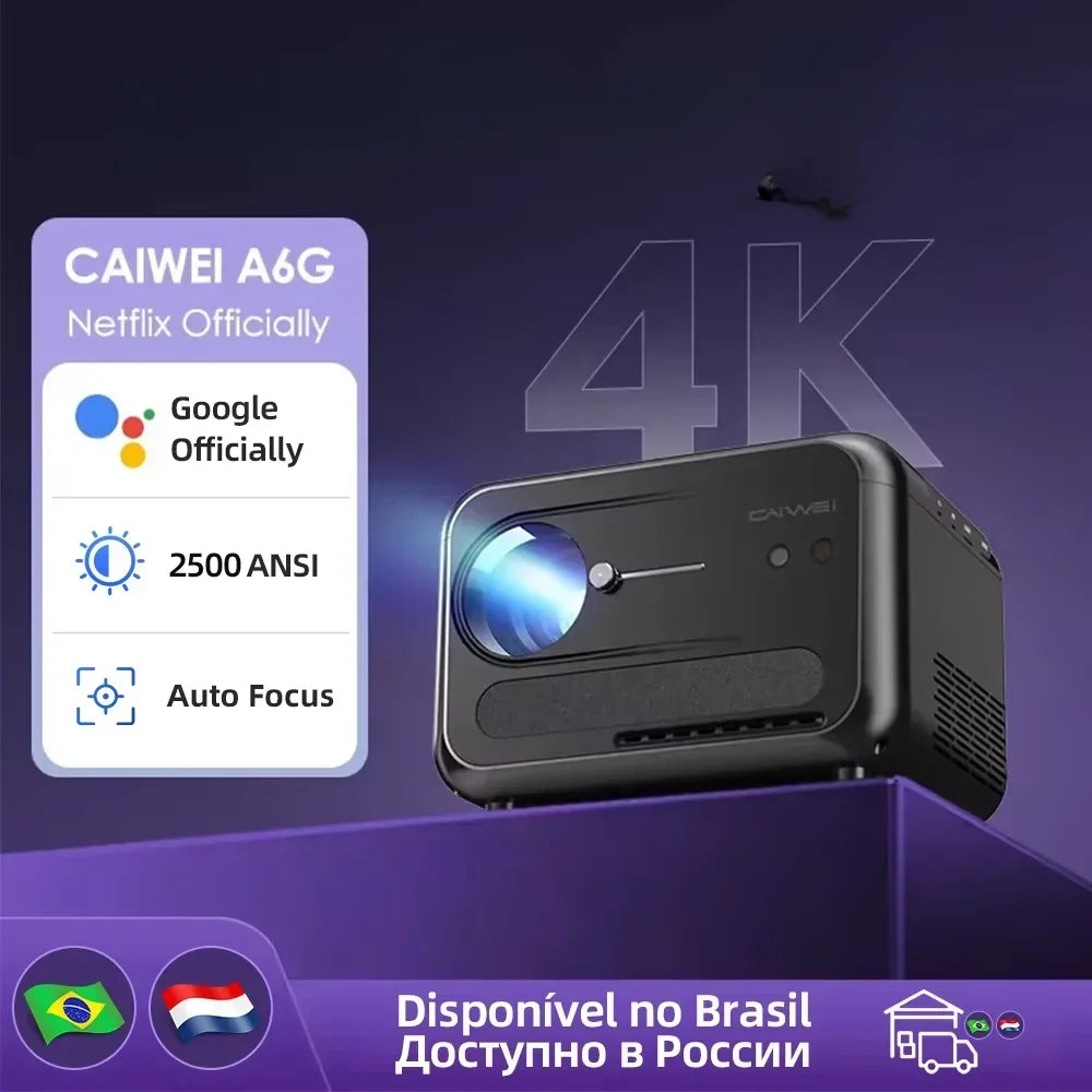 CAIWEI A6G Android 14 UHD 4K Projector 1080P Google Certified Smart TV WiFi 6 Auto Focus Home Cinema Video Projectors for Movies