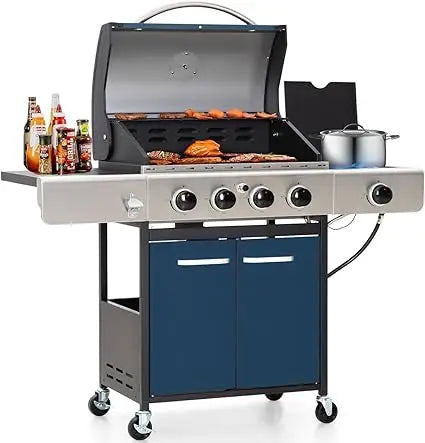 4 Burner BBQ Propane Gas Grill with Side Burner & Porcelain-Enameled Cast Iron Grates, 545 SQIN Grilling Area 42,000 BTUs Barbe