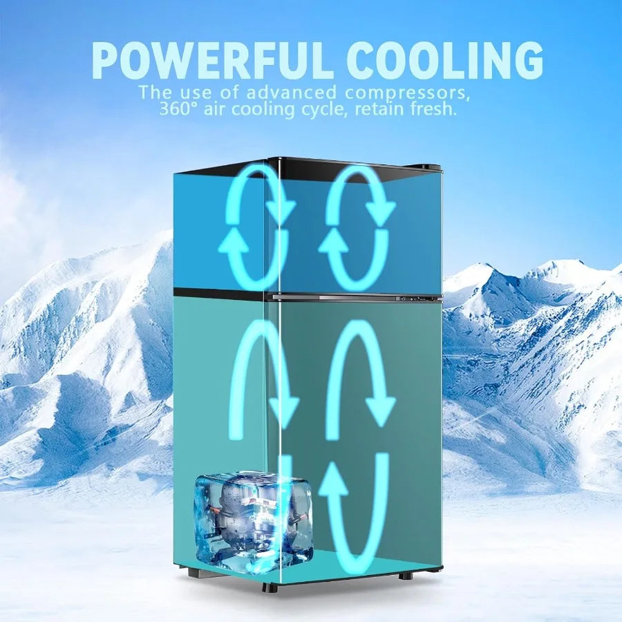 Compact 2.4 Cu.Ft Mini Fridge with Freezer and Double Doors for Apartment Bedroom Office 7 Temperature Modes Adjustable EnergyE