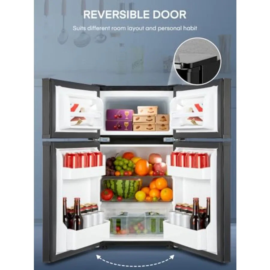 Compact 3.1 Cu.Ft DoubleDoor Mini Fridge with Freezer and Ice Tray for Bedroom Dorm or Office Removable Shelves and Adjustable