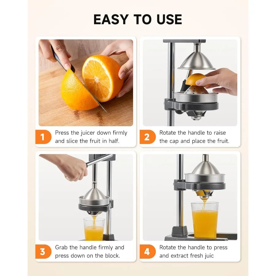 Heavyduty manual citrus juicer with conical and flat pressure plates designed for professional use in kitchens and cafes ideal