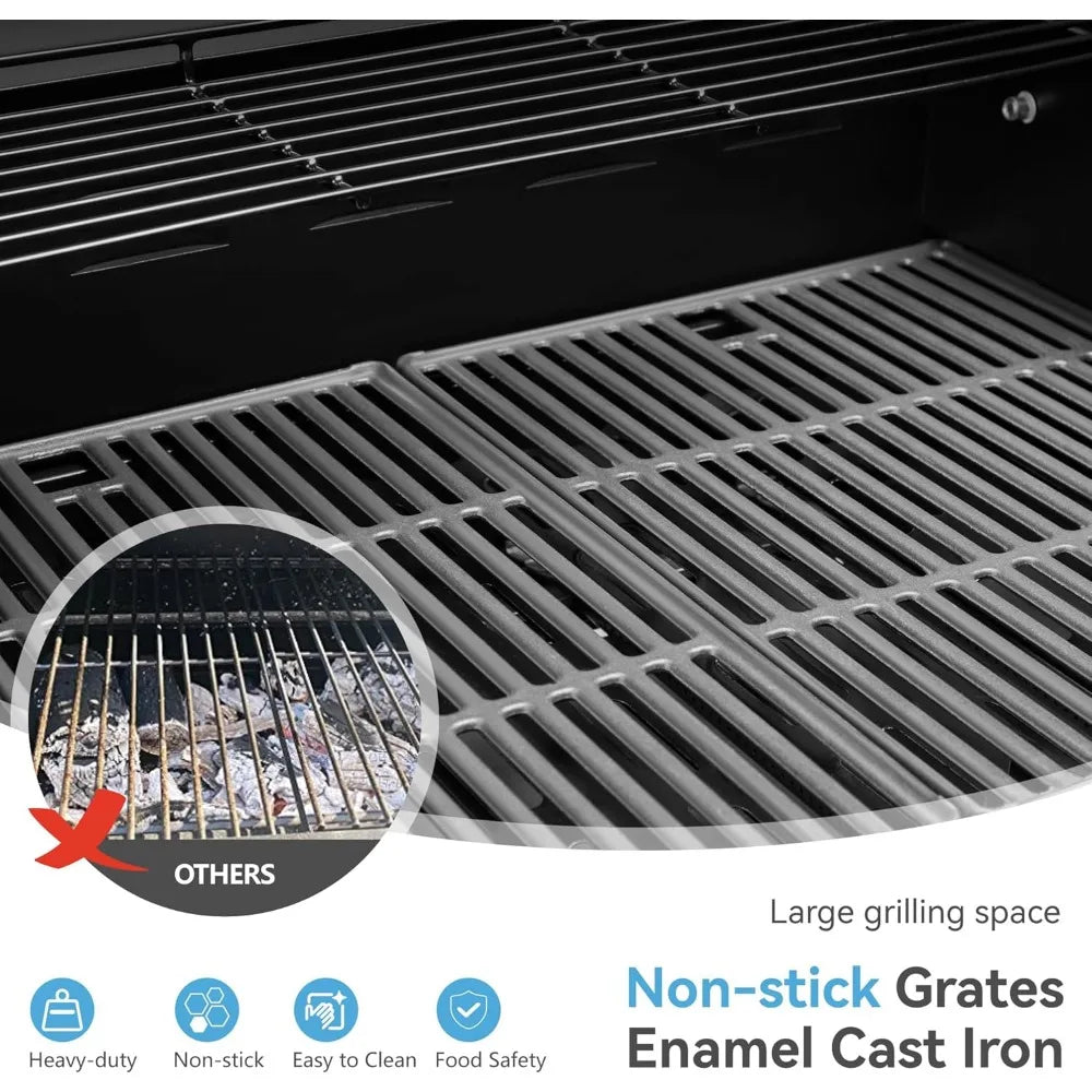 4 Burner BBQ Propane Gas Grill with Side Burner & Porcelain-Enameled Cast Iron Grates, 545 SQIN Grilling Area 42,000 BTUs Barbe