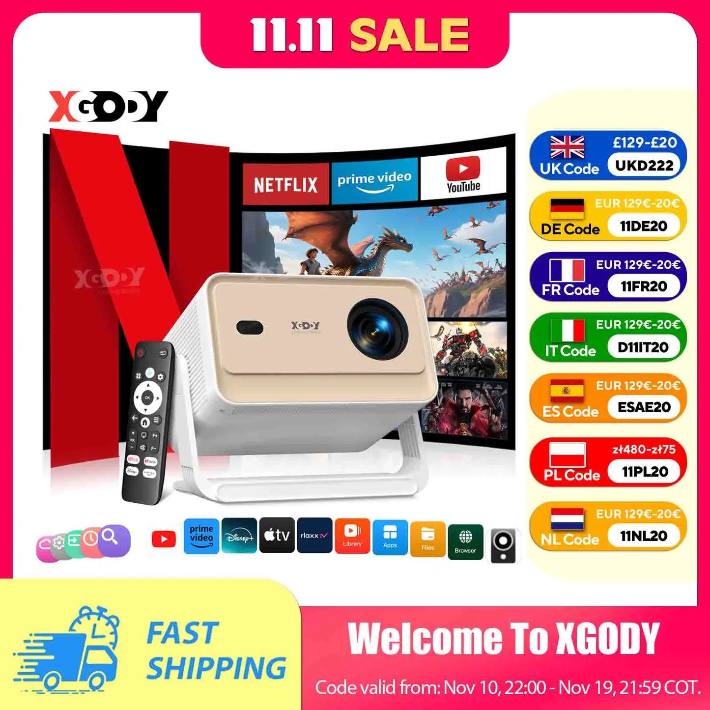 XGODY Projector A6/N6 Pro 600ANSI Netflix Officially 4K Voice Control Smart Android TV Whale OS 32GB ROM Home Theater