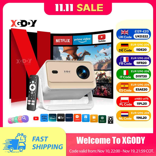 XGODY Projector A6/N6 Pro 600ANSI Netflix Officially 4K Voice Control Smart Android TV Whale OS 32GB ROM Home Theater