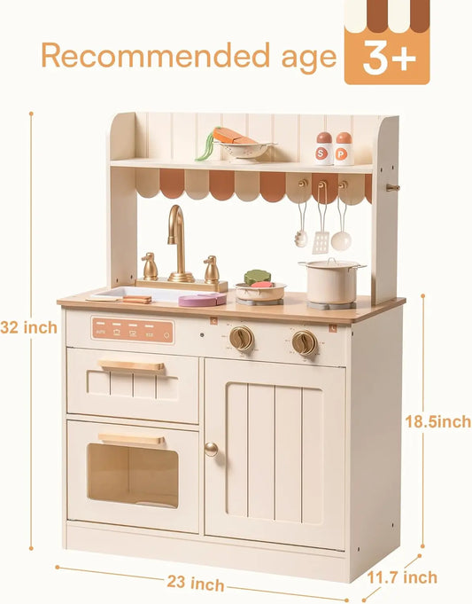 Robotime Robud Play Kitchen Wooden Kids Kitchen Playset with Realistic Design Sink Oven, Stove Cabinet Vintage Style for Kids