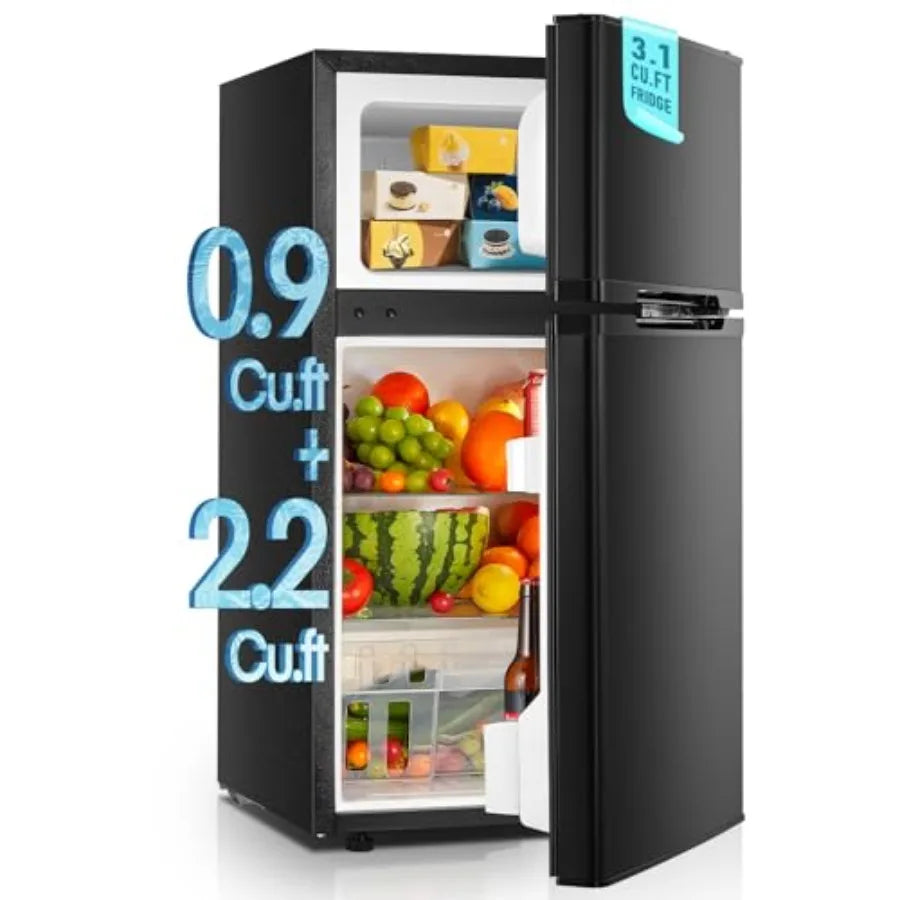 Compact 3.1 Cu.Ft DoubleDoor Mini Fridge with Freezer and Ice Tray for Bedroom Dorm or Office Removable Shelves and Adjustable