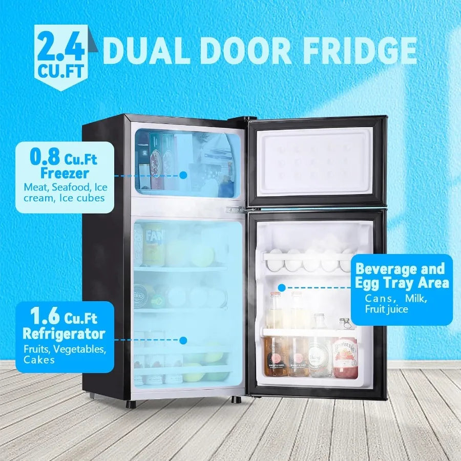Compact 2.4 Cu.Ft Mini Fridge with Freezer and Double Doors for Apartment Bedroom Office 7 Temperature Modes Adjustable EnergyE