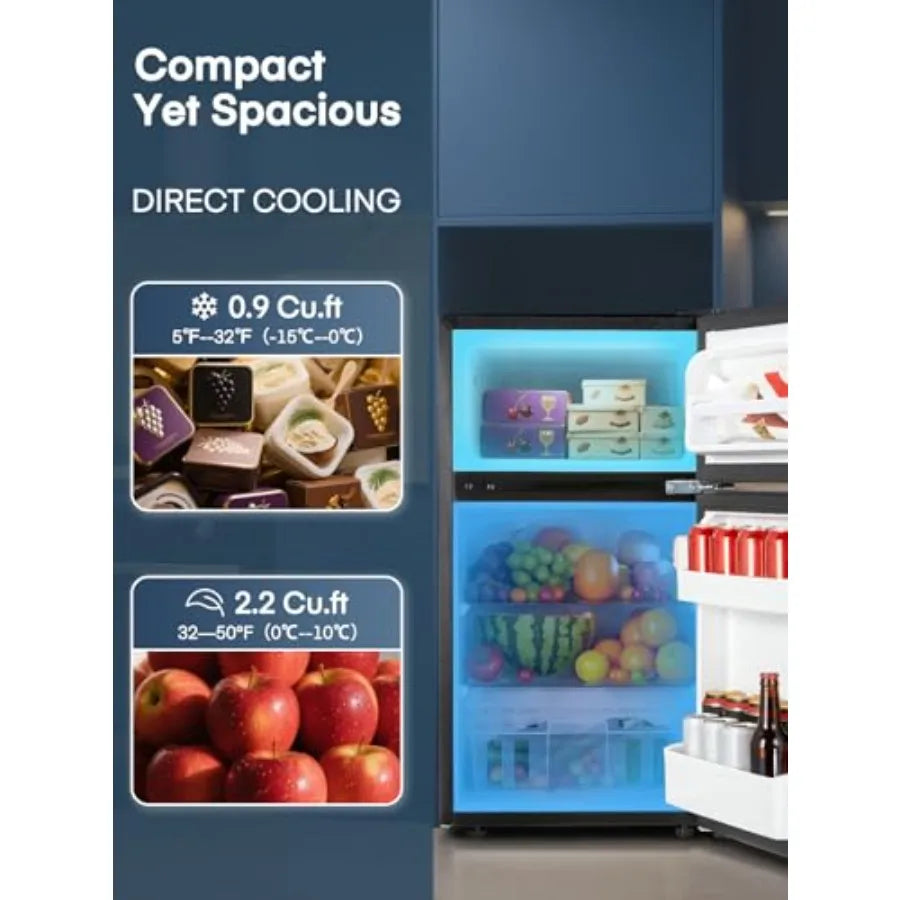Compact 3.1 Cu.Ft DoubleDoor Mini Fridge with Freezer and Ice Tray for Bedroom Dorm or Office Removable Shelves and Adjustable