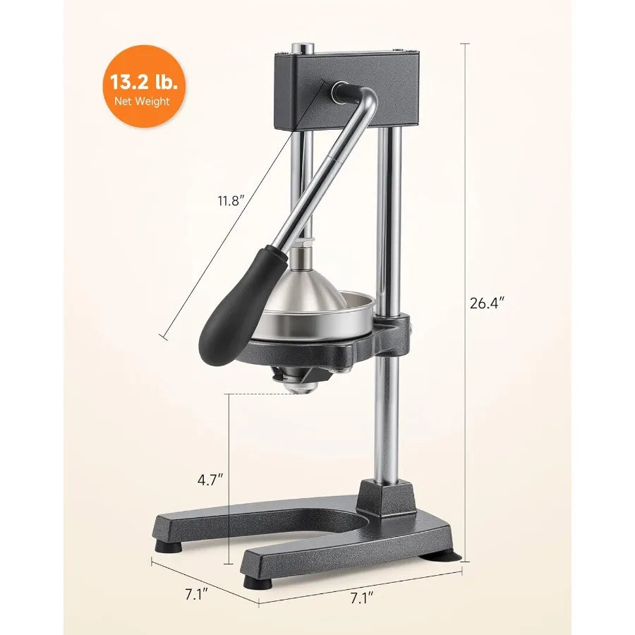 Heavyduty manual citrus juicer with conical and flat pressure plates designed for professional use in kitchens and cafes ideal