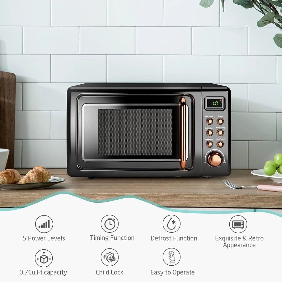 Compact Retro Microwave Oven for Kitchen Countertop Use: 0.7 Cu Ft Small Size with Defrost Function 5 Microwave Power Levels 8