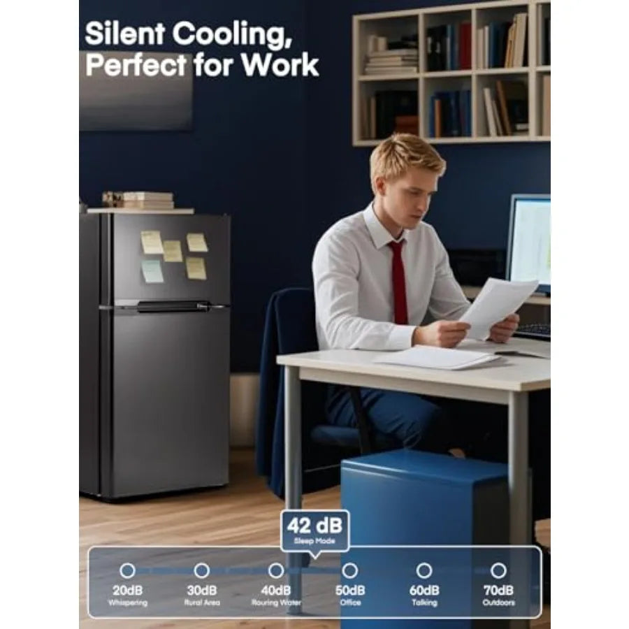 Compact 3.1 Cu.Ft DoubleDoor Mini Fridge with Freezer and Ice Tray for Bedroom Dorm or Office Removable Shelves and Adjustable