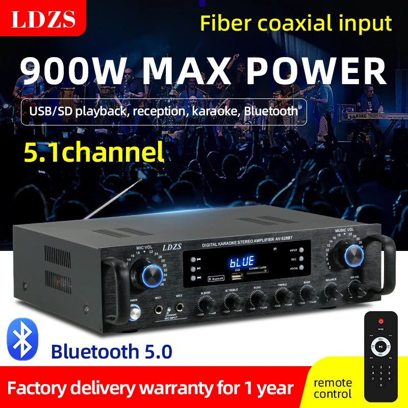900W bluetooth Audio Power Amplifier HiFi Amp Speaker 12V/220V AV Amp Speaker Remote Control For Car Home Square Dancing 5.1 Cha
