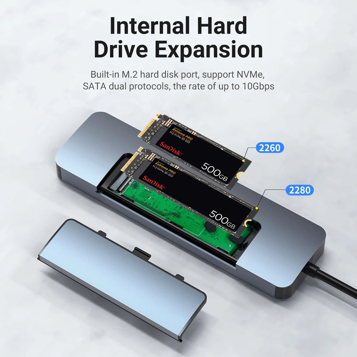 Gopala 8in1 USB-C Hub with M.2 NVMe/SATA SSD Enclosure, USB3.0/Type C3.0 10G, PD3.0, SD/TF, Gigabit for Type C Devices