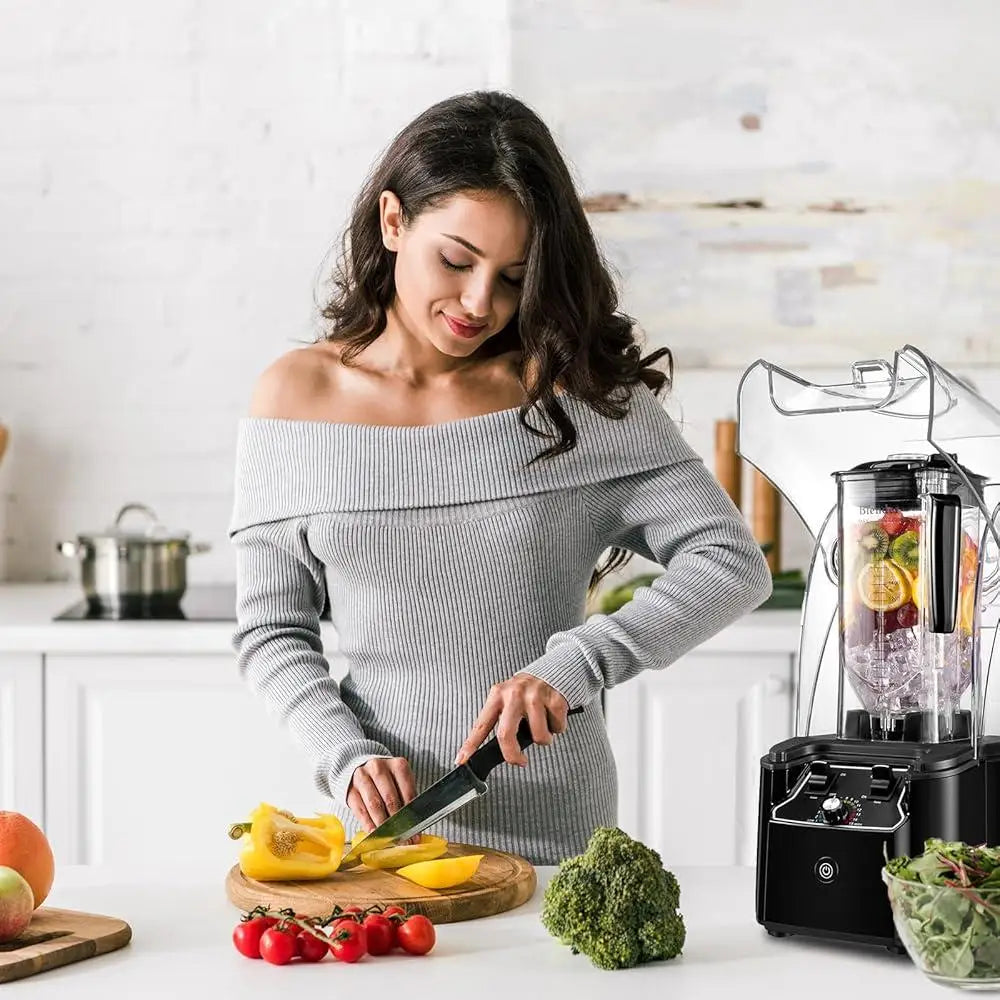 Commercial Blender 2200W Heavy Duty Smoothie Maker 15 Speed 6 Leaf Steel Blade Soundproof Cover Large Capacity Easy Clean