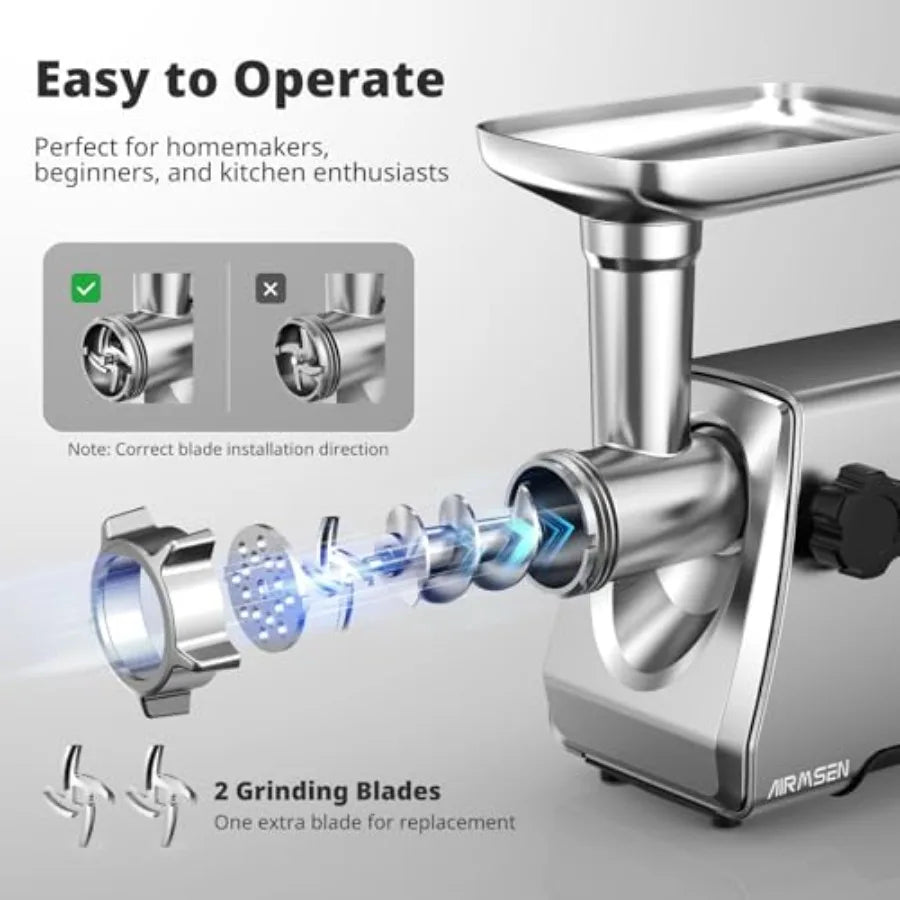 Electric Meat Grinder Mincer for Home Kitchen Use Heavy Duty Professional Stainless Steel Sausage Maker Stuffer with 3 Intercha