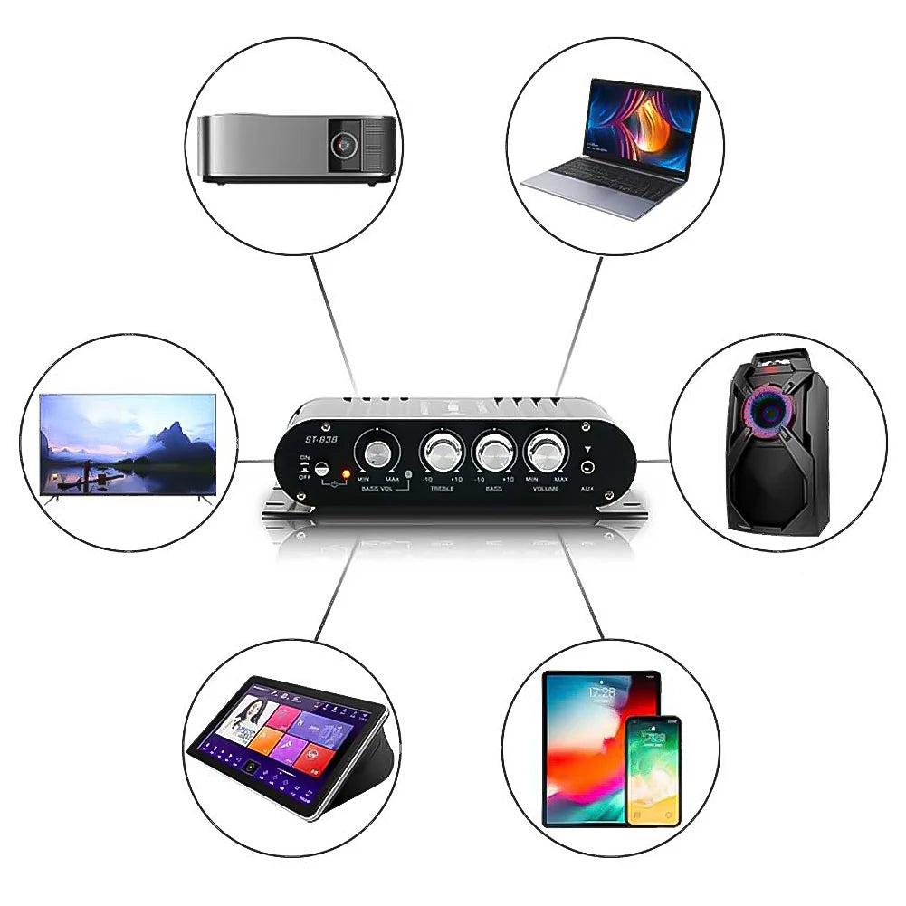 ST-838 HiFi 2.1 Channel Power Amplifier 80W*2 Stereo Bass Sound Amp Mini Media Player Subwoofer Amplifier Car Home Amp