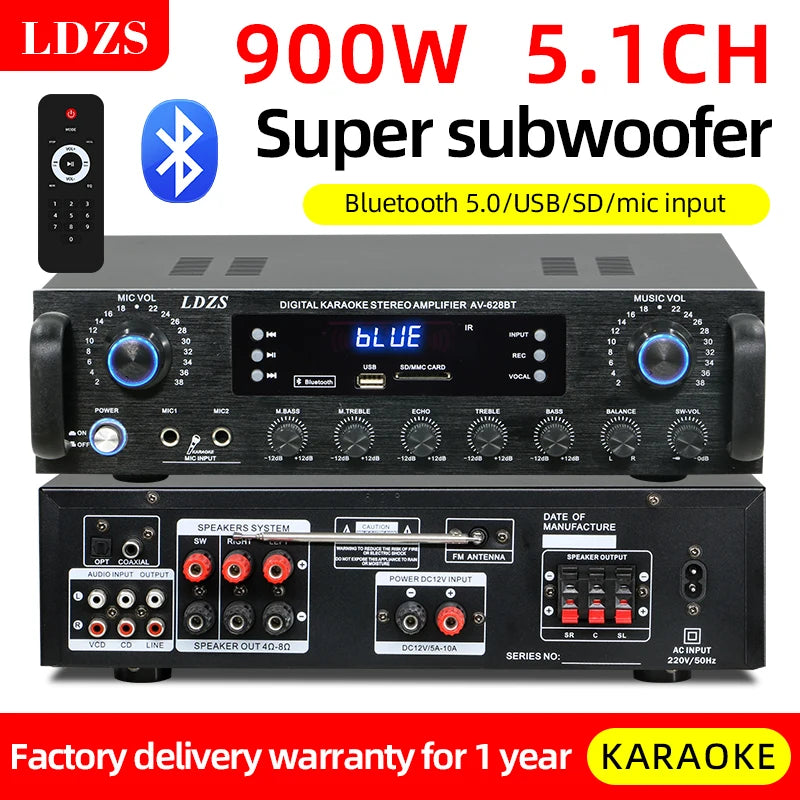 900W bluetooth Audio Power Amplifier HiFi Amp Speaker 12V/220V AV Amp Speaker Remote Control For Car Home Square Dancing 5.1 Cha