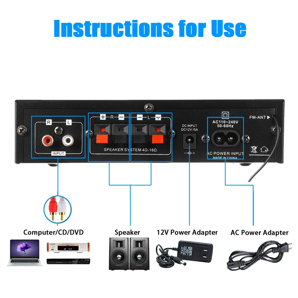 AK35 Bluetooth-compatible HiFi Stereo Audio Power Amplifier with USB TF RCA AUX In + Remote