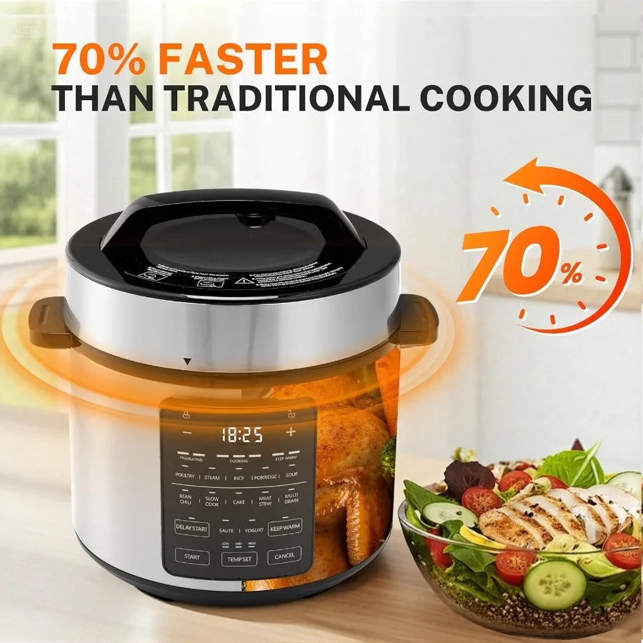 14in1 Electric Pressure Cooker for Home Kitchen 6QT Stainless Steel MultiCooker with NonStick Inner Pot DishwasherSafe Componen