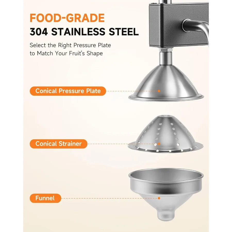 Heavyduty manual citrus juicer with conical and flat pressure plates designed for professional use in kitchens and cafes ideal