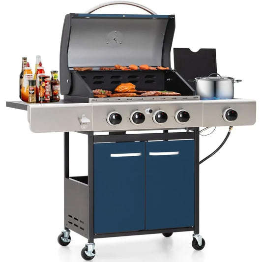4 Burner BBQ Propane Gas Grill with Side Burner & Porcelain-Enameled Cast Iron Grates, 545 SQIN Grilling Area 42,000 BTUs Barbe
