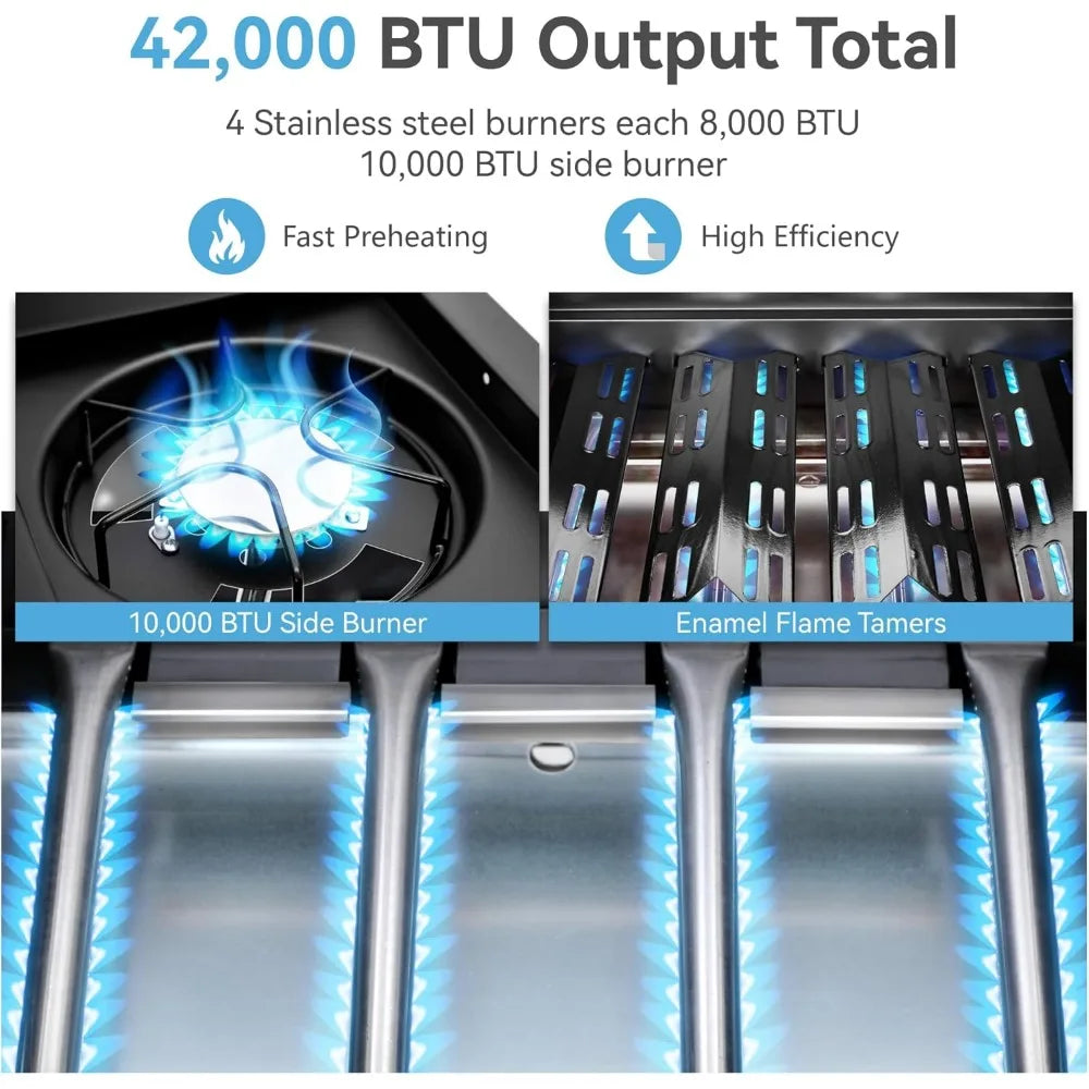 4 Burner BBQ Propane Gas Grill with Side Burner & Porcelain-Enameled Cast Iron Grates, 545 SQIN Grilling Area 42,000 BTUs Barbe