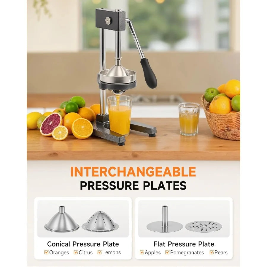 Heavyduty manual citrus juicer with conical and flat pressure plates designed for professional use in kitchens and cafes ideal