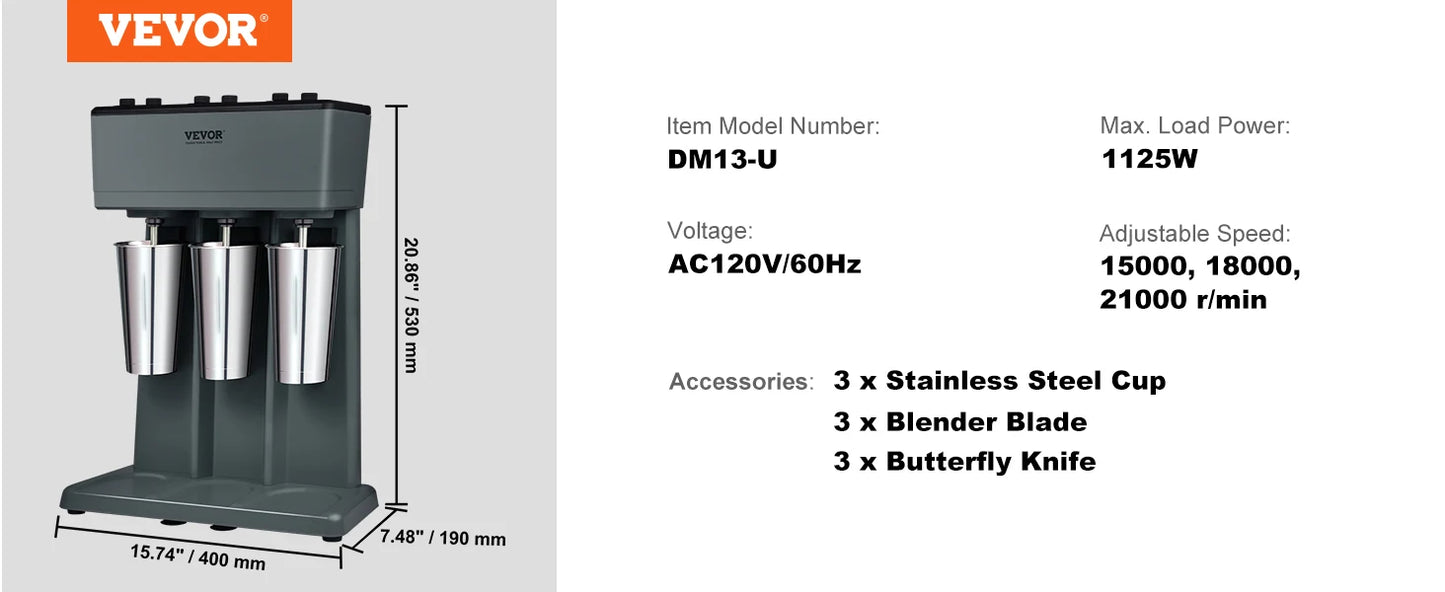 SucceBuy Milkshake Maker Mixer Machine Double Head Stainless Steel Drink Blender 3-Speed Milkshake Mixer for Commercial Home