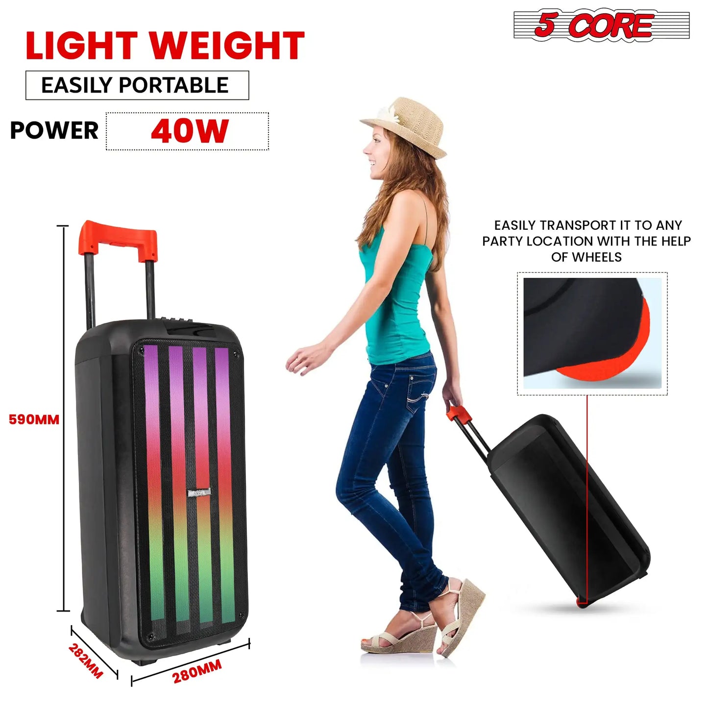 5 Core Party Speaker Bluetooth 400W Big Powered Rechargeable Outdoor PA DJ System w 2 Wireless Mics PLB 8X2 2MIC