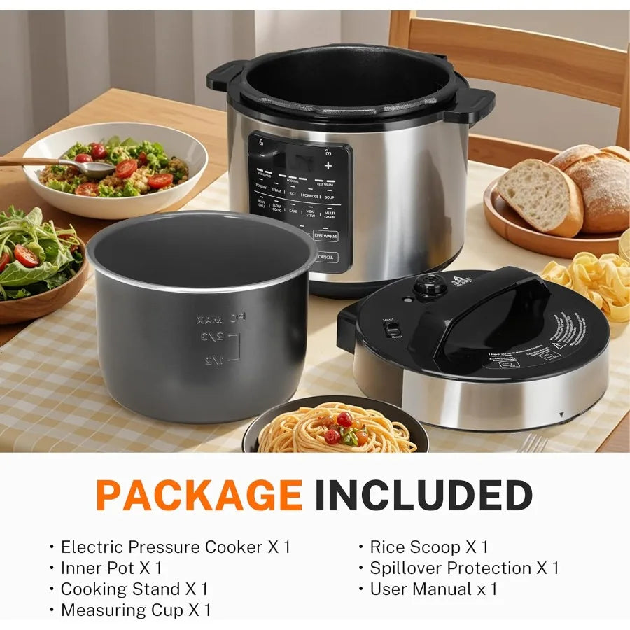 14in1 Electric Pressure Cooker for Home Kitchen 6QT Stainless Steel MultiCooker with NonStick Inner Pot DishwasherSafe Componen