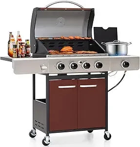 4 Burner BBQ Propane Gas Grill with Side Burner & Porcelain-Enameled Cast Iron Grates, 545 SQIN Grilling Area 42,000 BTUs Barbe