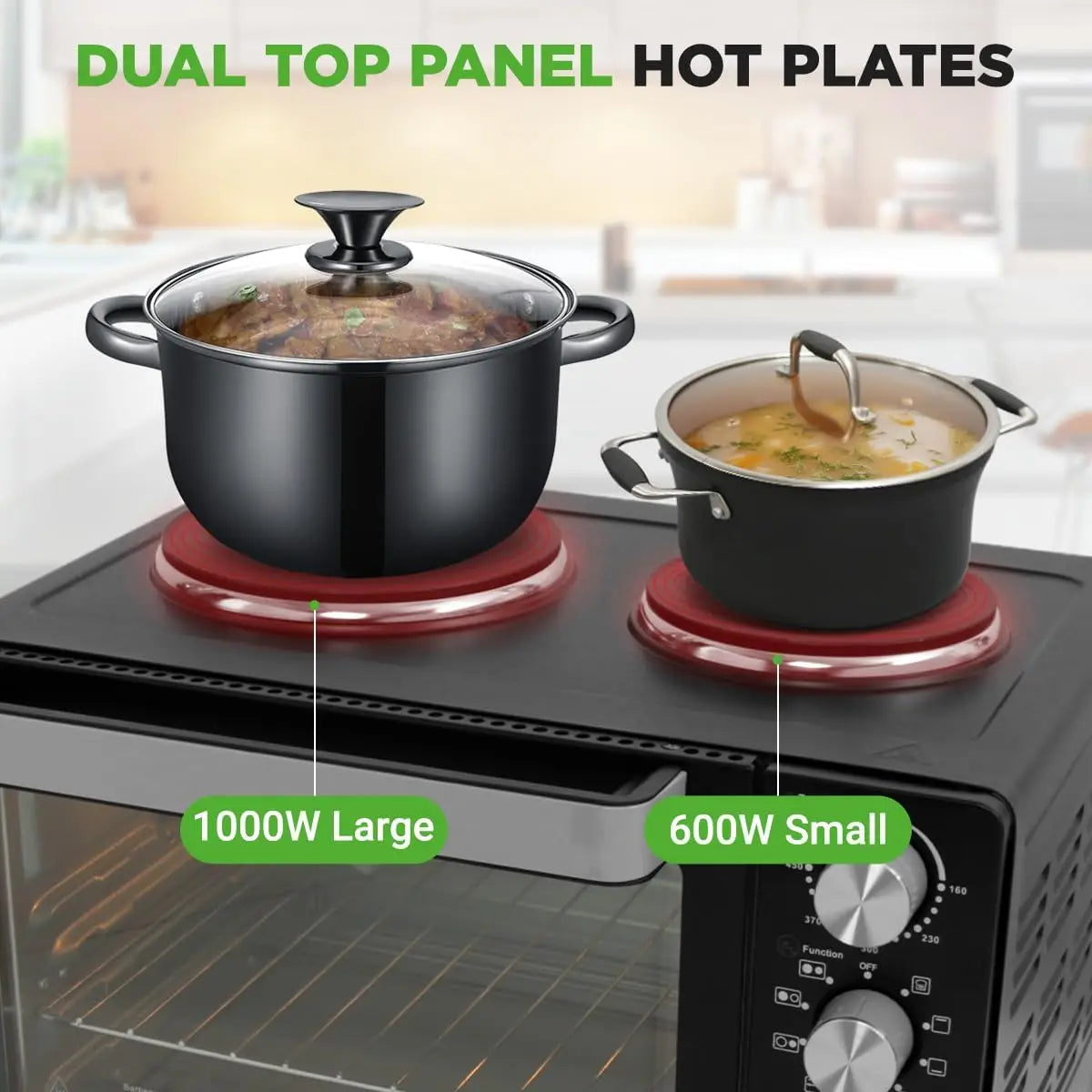 30 Qt Kitchen Convection Oven with 2 Burners, 1500W, 7 Functions, Includes Tray, Skewers, Handles