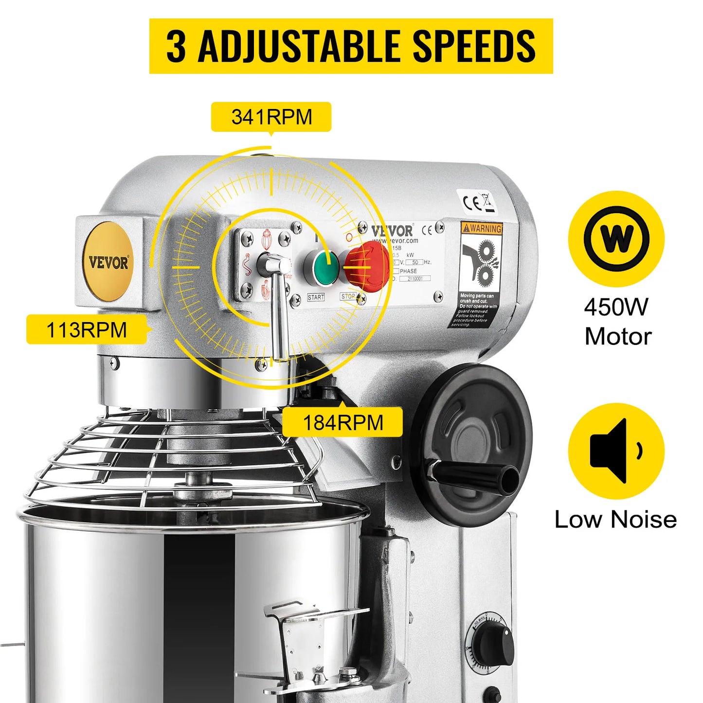 SucceBuy Commercial Electric Food Mixer Stand Mixer 10/15/20/30Qt Dough Mixer 3 Speeds 450/500/750/1100W Stainless Steel Mixer