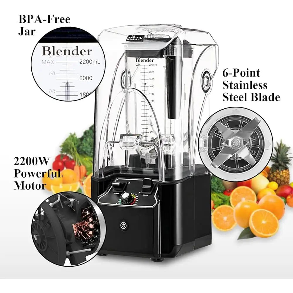 Commercial Blender 2200W Heavy Duty Smoothie Maker 15 Speed 6 Leaf Steel Blade Soundproof Cover Large Capacity Easy Clean