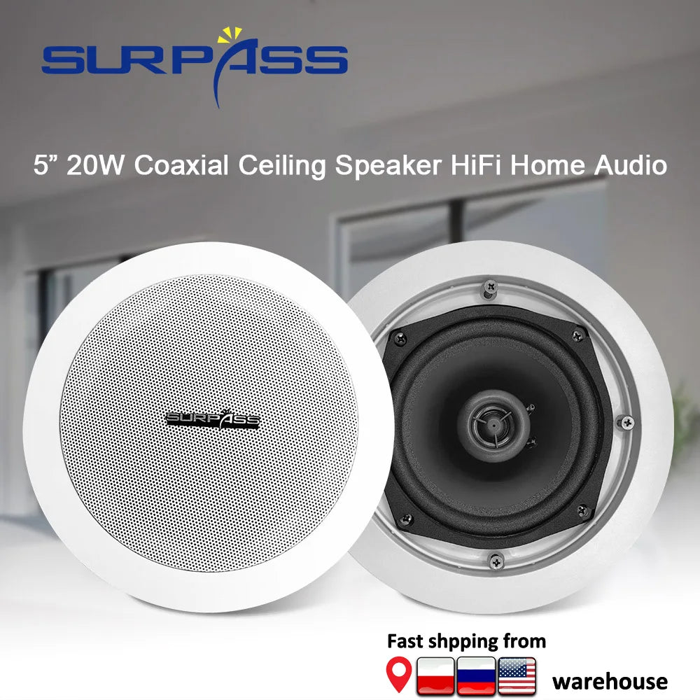 5inch 20W Coaxial Ceiling Speaker PA System Home Passive In-ceiling Loudspeaker HiFi Background Music Speakers Bathroom Kitchen