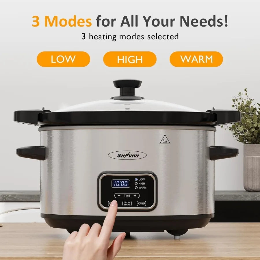 4qt Programmable Slow Cooker with Locking Lid and Removable Ceramic Pot for Home Kitchen Use Offers 3 Heating Settings and Time